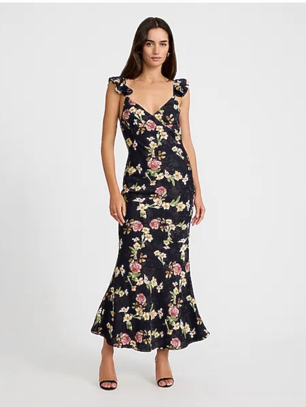 NWOT Express Black Floral Ruffle Strap Maxi Dress